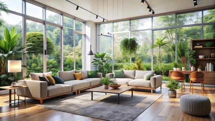 Modern Living Room Design with Abundant Natural Light and Lush Greenery