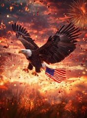 Majestic bald eagle perched on a tree branch overlooking a scenic mountain landscape at sunrise, with detailed feathers, sharp eyes, and golden light illuminating the scene, symbolizing strength, free