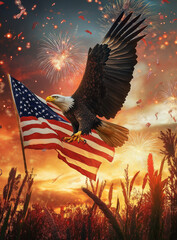Bald eagle mid-flight with prey in talons, powerful and fierce predator of the skies in a natural environment