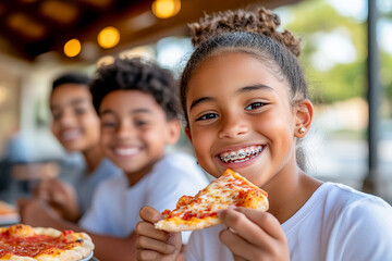 Smiling Kids Enjoying Pizza Together