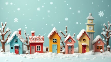 Fototapeta premium Christmas miniature diorama : Night in a Snowy Village, Santa Claus and reindeer, Christmas Tree and Snowman, and more