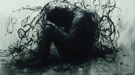 Fototapeta premium A figure curled up on the floor, surrounded by chaotic scribbles and dark shapes, embodying mental distress
