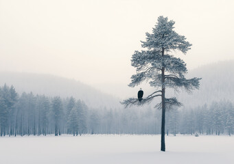 Bald eagle standing on icy shore, watching over frozen lake, representing strength and endurance in winter nature