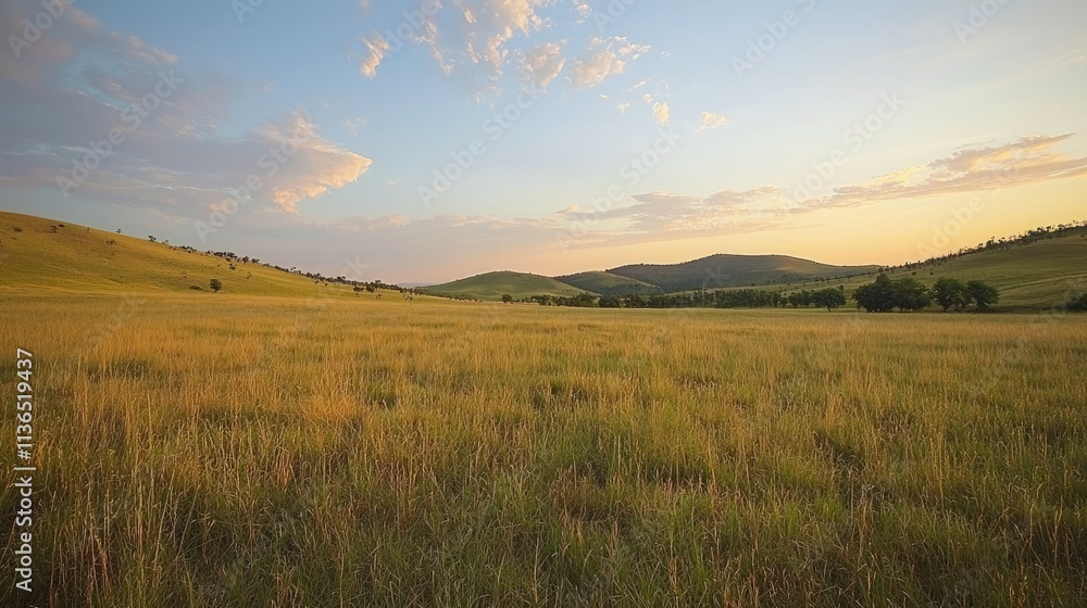 Poster wide open grassy field with gentle hills and distant trees at sunset