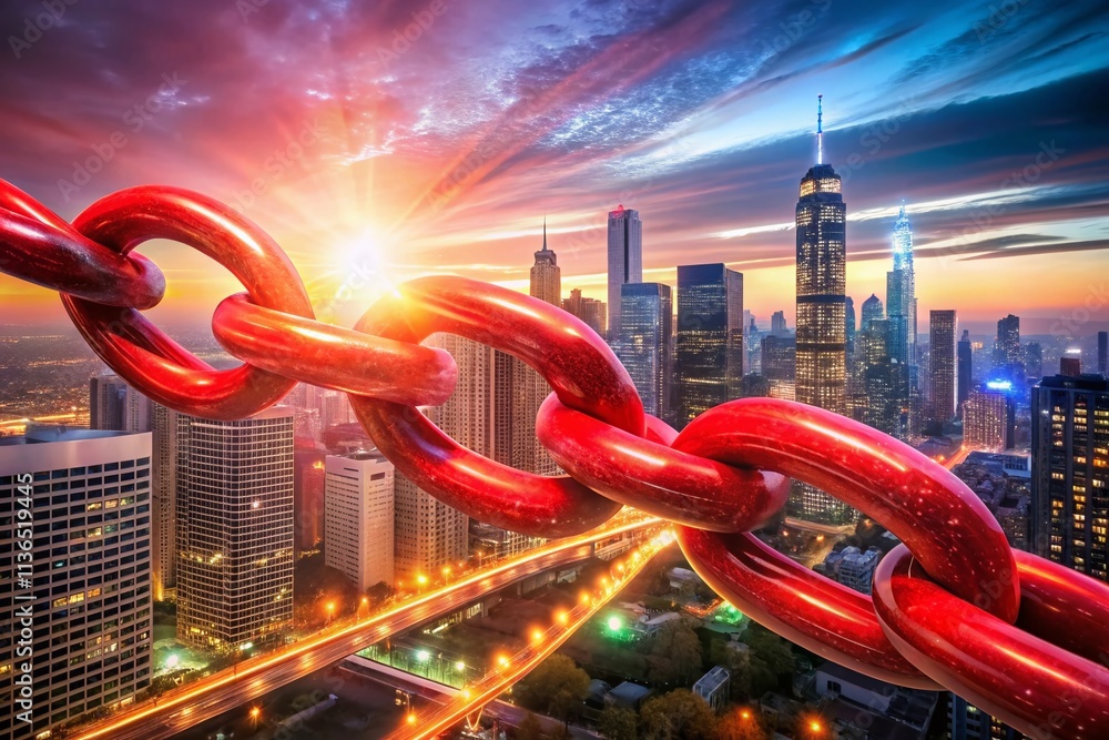 Poster glowing red chain links symbolizing strength, connection, and unity in double exposure photography f