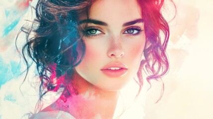 Fototapeta premium beautiful fantasy abstract portrait of a beautiful woman double exposure with a colorful digital paint splash or space nebula