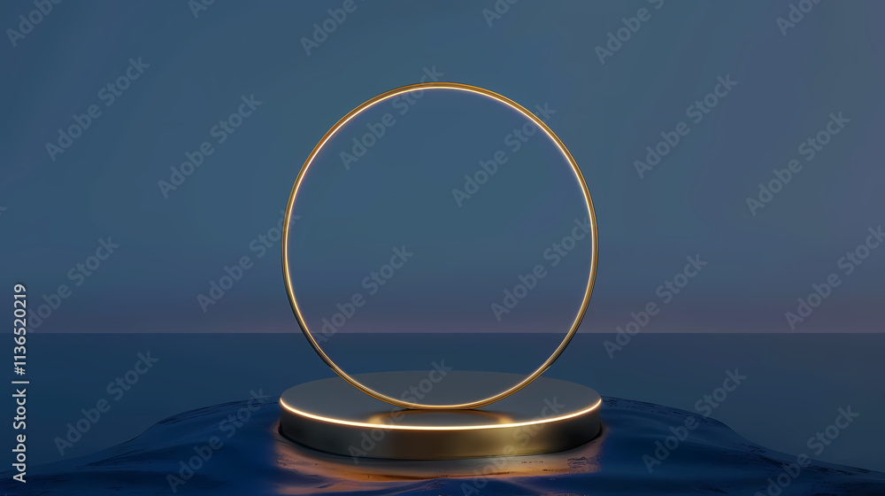 Poster golden circle on blue background: a golden circle hovers over a circular platform, creating a minima