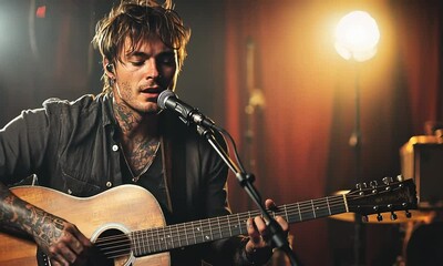 A musician performs with an acoustic guitar, creating an intimate atmosphere.
