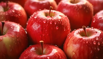 Fresh red apples with water droplets, close-up, hyper-realistic details.