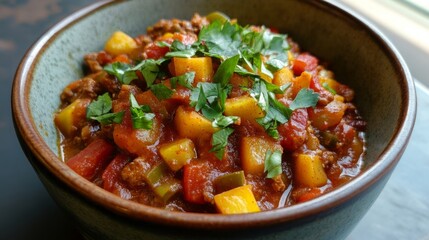 A bowl of vegan chilli made using jack fruit