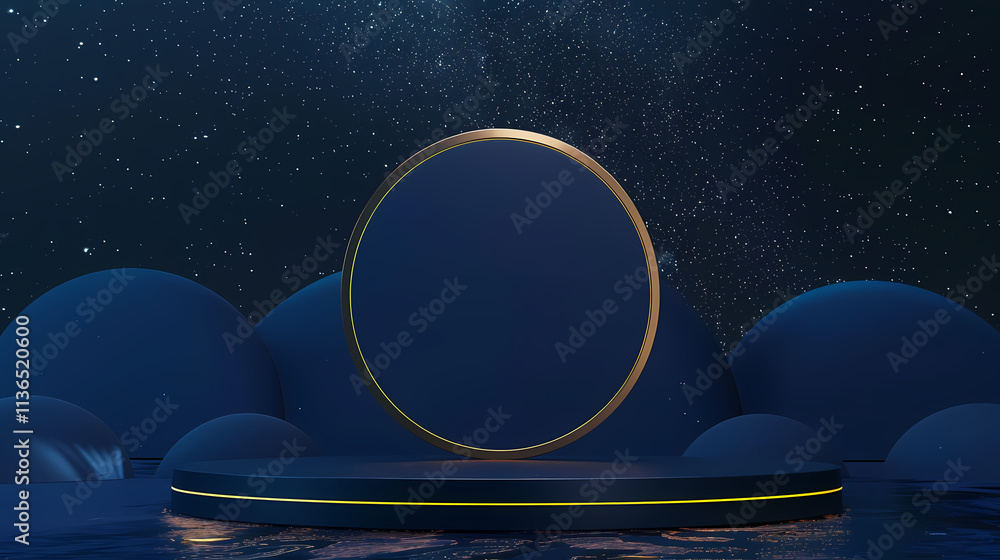 Poster abstract blue and gold product display: a minimalistic and elegant product display features a circul