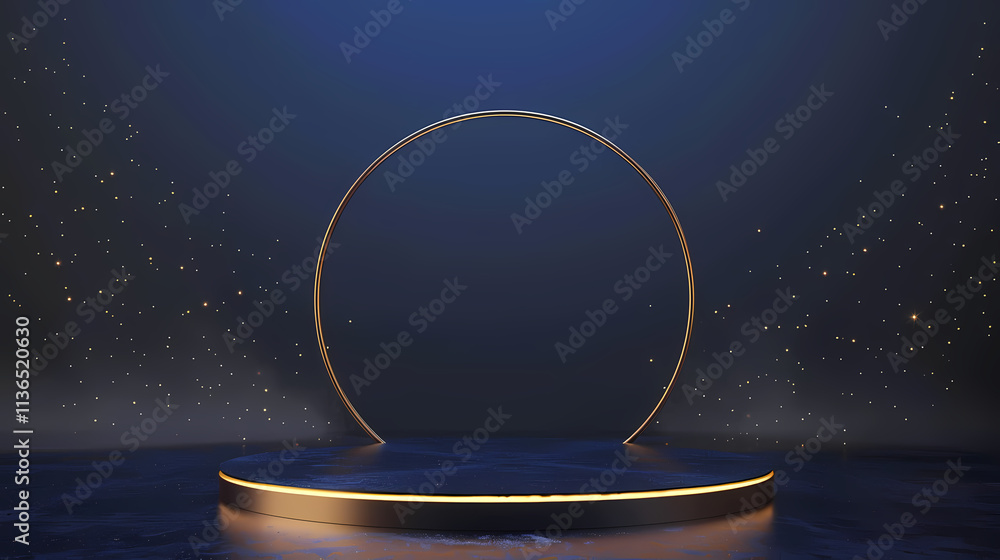 Poster golden circle podium: elegant 3d rendering of a circular podium with a golden ring, set against a da