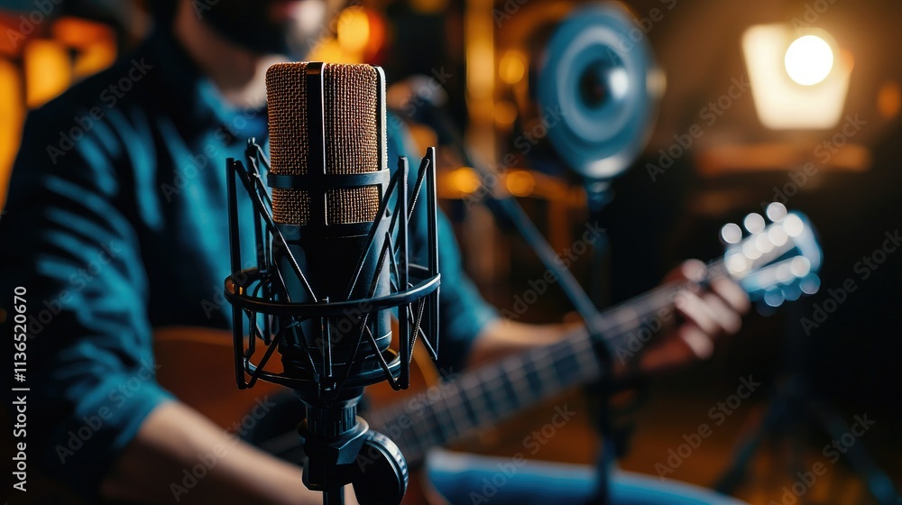 Poster host recording a video podcast in a well-lit studio with camera and mic