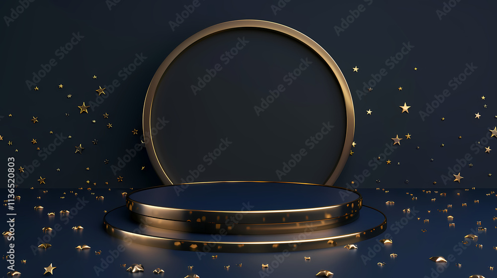 Poster golden circle podium - 3d render: a minimalist, 3d rendering of a golden podium with a circular fram
