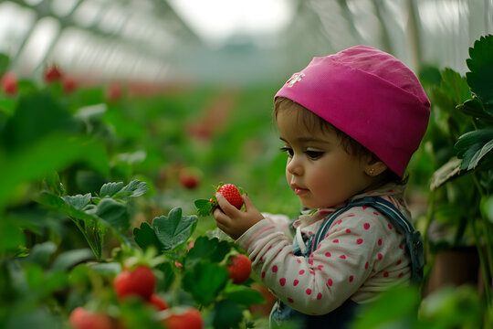 A toddler in a pink hat carefully selects ripe strawberries in a vibrant greenhouse filled with green plants and fruit. Generative AI - Powered by Adobe