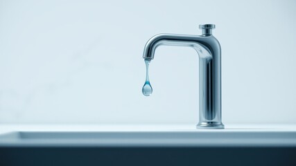 A single drop of water falling from a modern, metallic faucet onto a clean, white sink basin