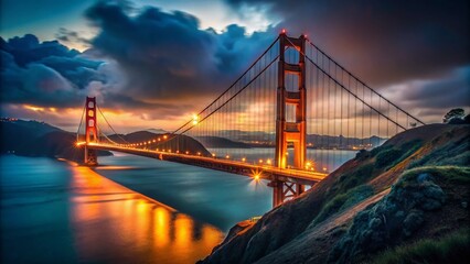 Obraz premium Golden Gate Bridge Night Photography: Urban Exploration, Dark Cityscape, San Francisco Nightscape