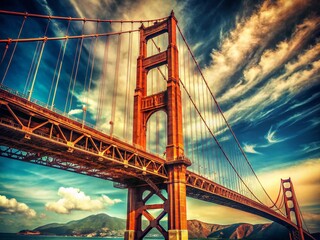 Fototapeta premium Golden Gate Bridge Dramatic Upward View, Vintage Photography, Clear Sky, San Francisco Landmark