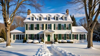 A majestic white colonial house, covered in pristine snow, features dark green shutters and a snow-covered walkway leading to its welcoming green front door.