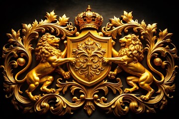 Golden Heraldic Crest: Lions, Crowns, Royalty, Prestige - Stock Photo