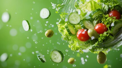 Fresh greens and vegetables splashing in water, showcasing a vibrant salad mix with red tomatoes, cucumbers, and olives, creating a lively and refreshing appearance.
