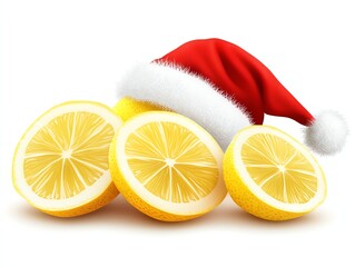 Fresh lemons wearing a festive red Santa hat, symbolizing a fun twist on holiday traditions with vibrant colors and cheerful motifs.