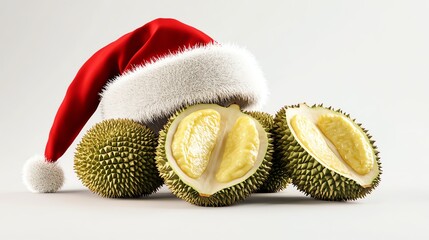 Three durians wearing a playful Christmas hat, showcasing their unique spiky texture and creamy flesh, set against a white isolate background for a festive and fun look.