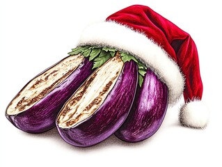 Three eggplants wearing a festive Santa hat, showcasing a quirky and playful take on holiday themes in food.