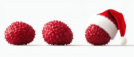 Three vibrant red lychee fruits arranged on a white background, one adorned with a festive Santa hat, adding a playful holiday touch to this delicious tropical selection.