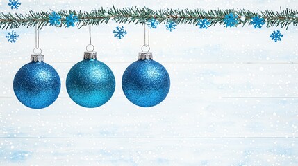 Three glittering blue Christmas ornaments hanging from a pine branch with snowflakes against a white wooden background, creating a festive holiday atmosphere.