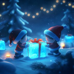Two cheerful children in Santa hats joyfully exchanging a beautifully wrapped present amidst a snowy winter wonderland, illuminated by soft, twinkling lights.