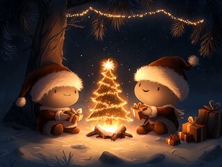 Two cheerful characters in Santa hats sitting beside a glowing Christmas tree under a starry night, surrounded by gifts and warm light, evoking the spirit of the holiday season.