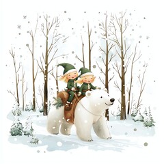 Two cheerful children riding a friendly polar bear in a snowy forest, surrounded by trees and falling snowflakes, creating a magical winter scene.