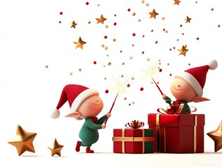 Two cheerful elves celebrate the holiday season, surrounded by colorful presents and sparkling stars, creating a joyful and festive atmosphere.