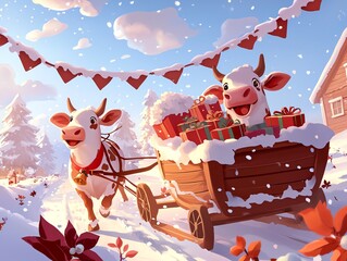 Two cheerful cows pulling a sleigh filled with gifts through a snowy winter landscape, decorated with festive garlands and vibrant flowers.