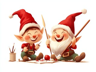 Two cheerful elves wearing red hats, joyfully painting and creating holiday decorations. A festive scene capturing the spirit of creativity and celebration.