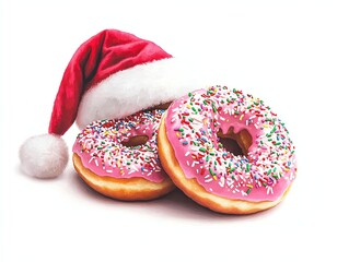 Two festive donuts topped with vibrant pink icing and colorful sprinkles, adorned with a Santa hat on a white isolated background.