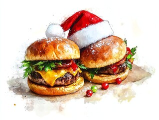 Two festive hamburgers topped with cheese, lettuce, and holiday-themed decorations, set against a white background, perfect for Christmas culinary inspiration.