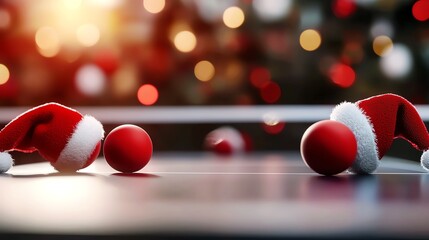 Two festive red and white ping pong balls with Santa hats on a table, surrounded by a blurred holiday-themed background of Christmas lights.