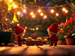 Two festive gnomes in Santa hats share treats under twinkling lights, surrounded by colorful plants. Perfect for holiday themes, celebrations, and joyful gatherings.