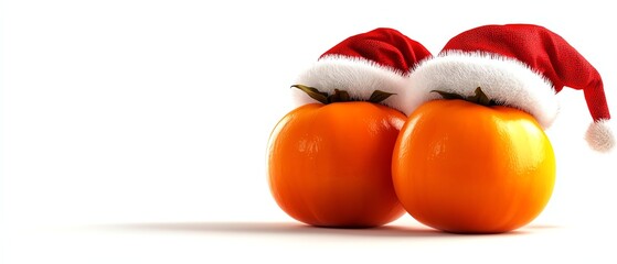 Two festive oranges adorned with Santa hats, set against a clean white background, perfect for holiday-themed compositions and decorations.