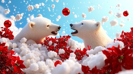 Two playful polar bears amidst a winter wonderland of snow, red ornaments, and vibrant poinsettias under a bright blue sky.
