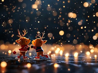 Two playful reindeer figurines in festive attire, surrounded by a magical bokeh of twinkling lights, creating a joyful and enchanting holiday atmosphere.
