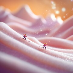Two skiers navigating soft, powdery snow on a tranquil mountain slope during sunset. The landscape is bathed in warm colors, creating a serene winter atmosphere.