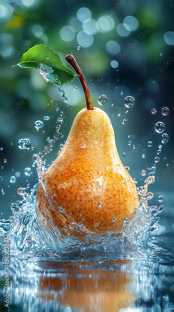 Poster golden pear splashing into water with droplets and reflection in motion