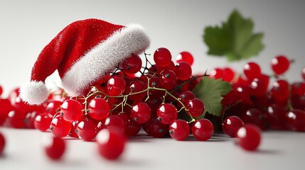 Vibrant red berries adorned with a festive Santa hat, accompanied by lush green leaves, creating a joyful holiday atmosphere.