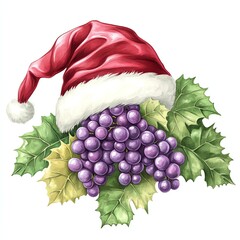 Vibrant illustration of grapes adorned with a festive Santa hat, surrounded by lush green leaves, perfect for holiday-themed graphics.