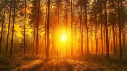 Fototapeta premium Sunrise light filtering through tall pine trees, creating a warm, orange-yellow glow over the grassy forest floor. Mist lingers low in the air, evoking a feeling of hope and warmth, perfect for a peac