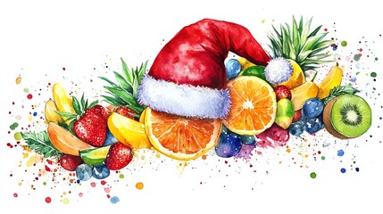 Vibrant watercolor illustration of assorted fruits wearing a Santa hat, creating a festive and colorful holiday feel, perfect for seasonal celebrations and marketing.