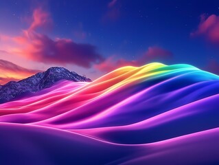 Vibrant waves of color flow across a serene landscape, blending hues of pink, purple, and blue against a twilight sky, creating a mesmerizing visual feast for the eyes.